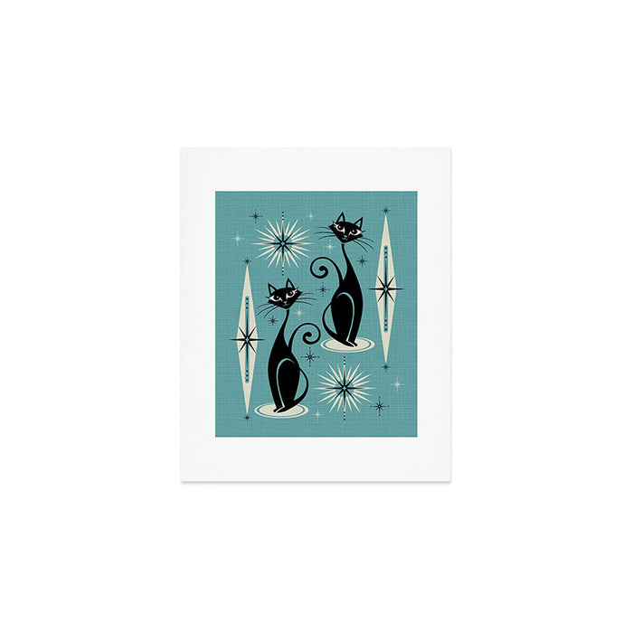 Mid Century Meow Retro Atomic Cats on Blue Art Print Gallery Image 1