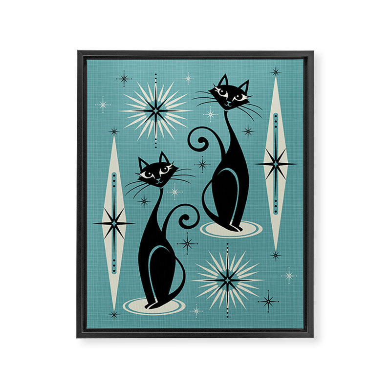 Mid Century Meow Retro Atomic Cats on Blue Framed Canvas Print Gallery Image 3