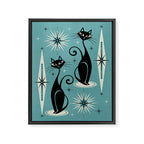 Mid Century Meow Retro Atomic Cats on Blue Framed Canvas Print Gallery Image 8