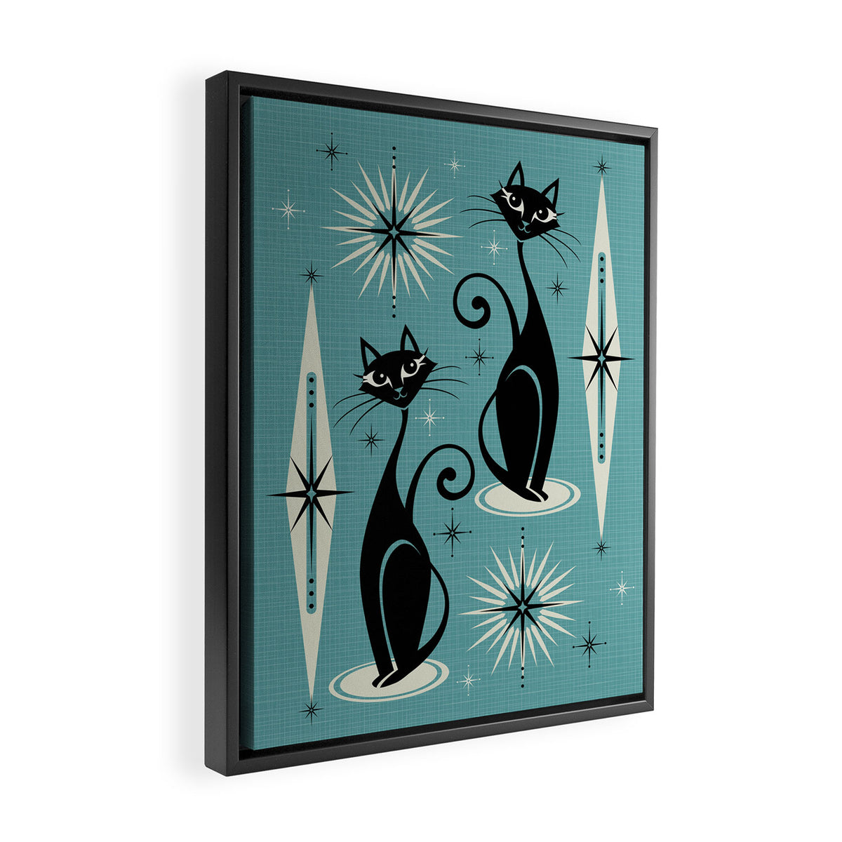 Mid Century Meow Retro Atomic Cats on Blue Framed Canvas Print Gallery Image 2