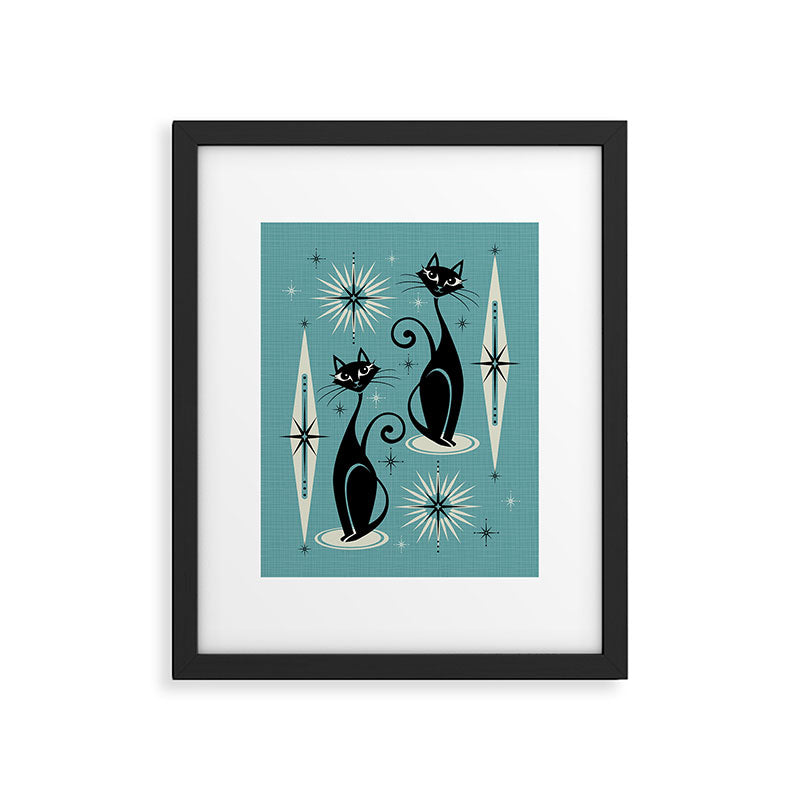 Mid Century Meow Retro Atomic Cats on Blue Framed Art Print Gallery Image 4
