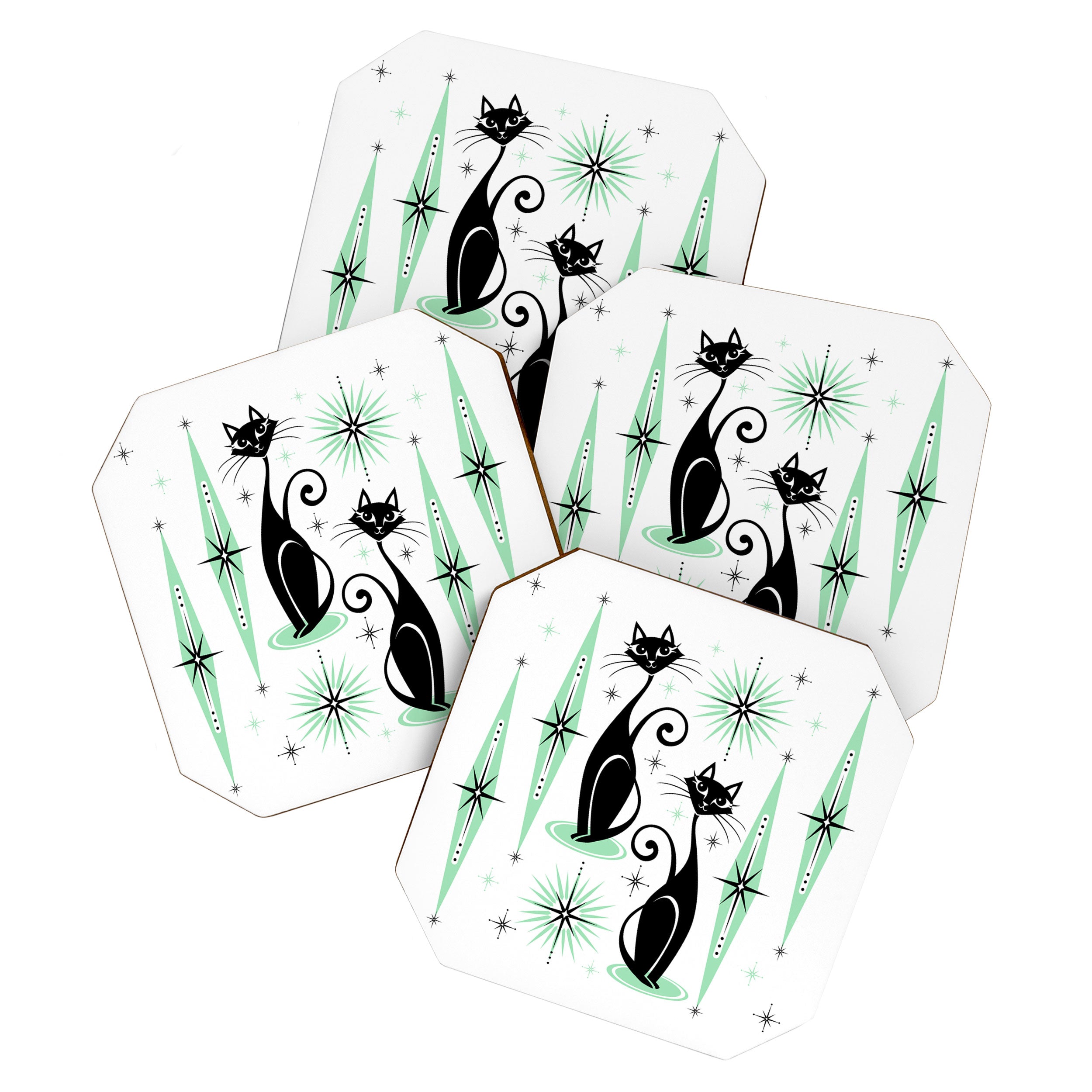 Mid Century Meow Retro Atomic Cats - w/ Mint on White Coaster Gallery Image 1