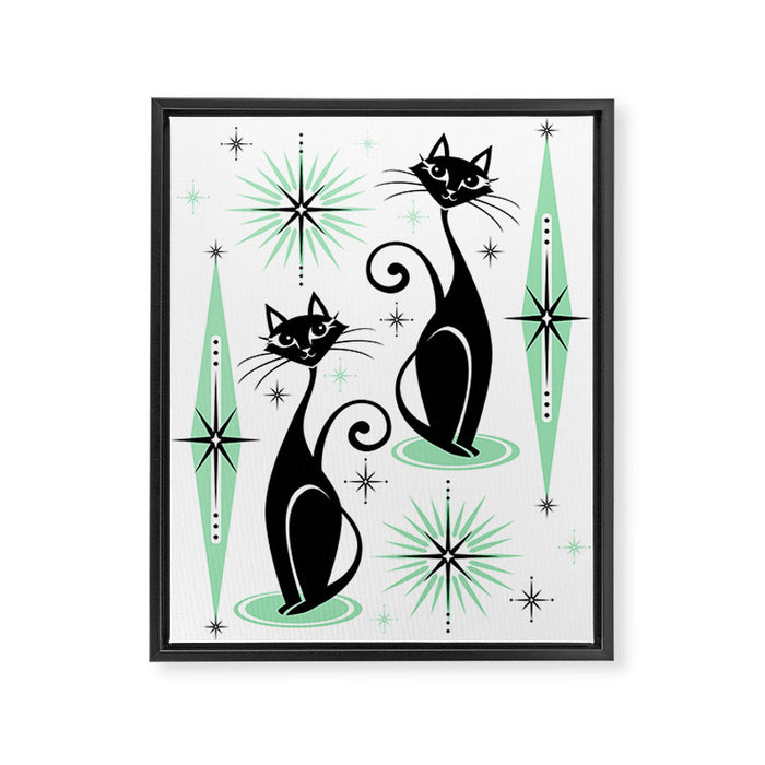 Mid Century Meow Retro Atomic Cats - w/ Mint on White Framed Canvas Print Gallery Image 1