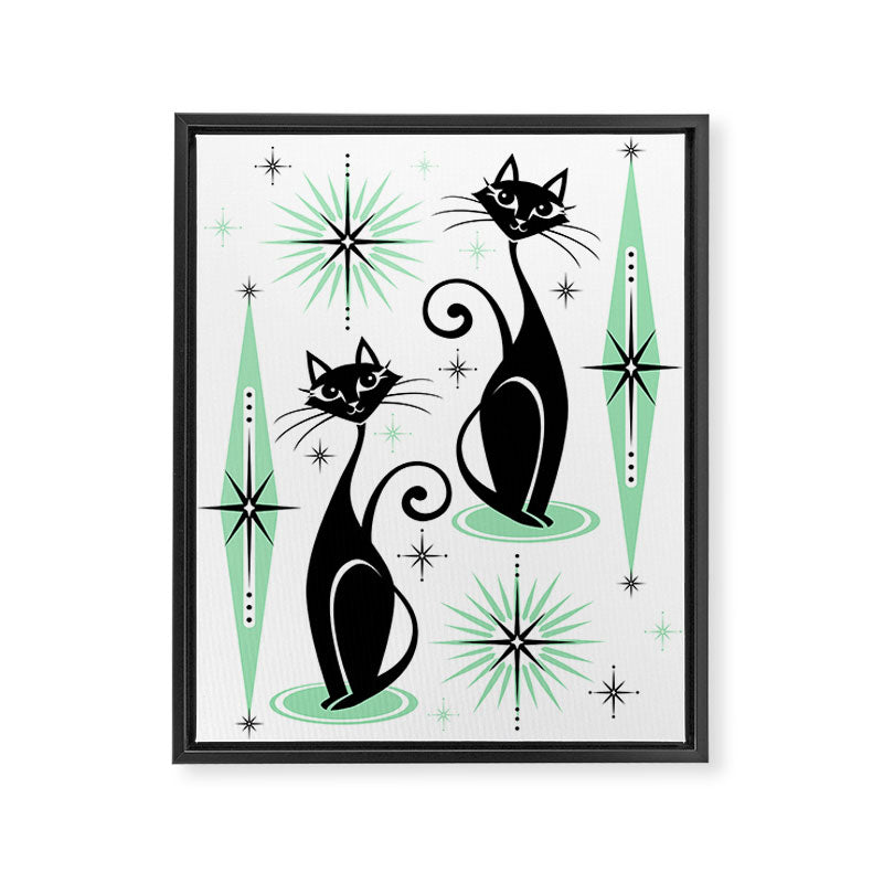 Mid Century Meow Retro Atomic Cats - w/ Mint on White Framed Canvas Print Gallery Image 8