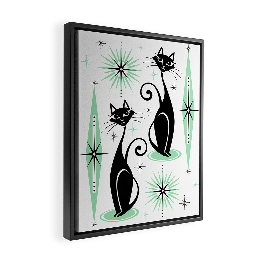 Mid Century Meow Retro Atomic Cats - w/ Mint on White Framed Canvas Print Gallery Image 2
