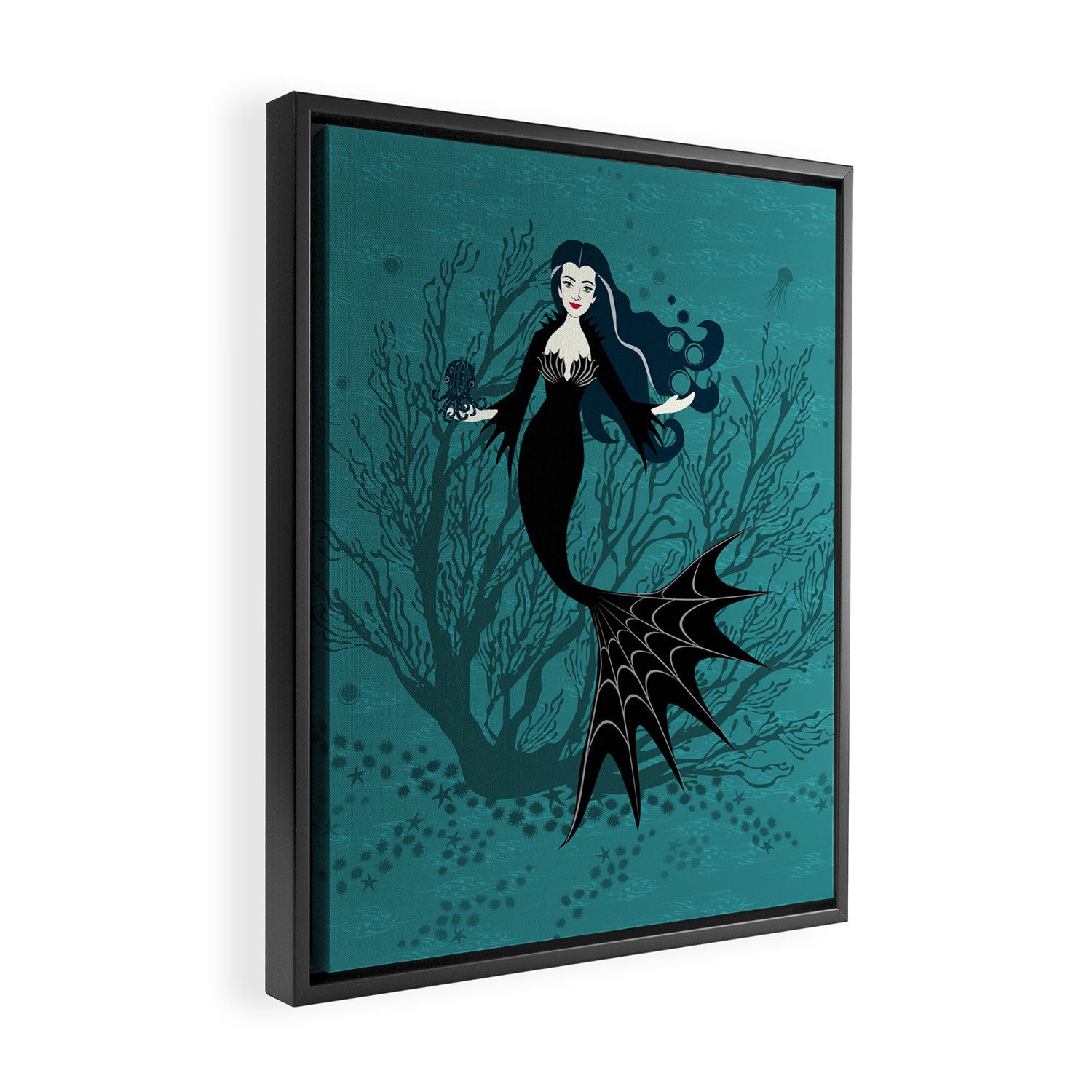 Vampire Mermaid on Aqua Framed Canvas Print Gallery Image 2