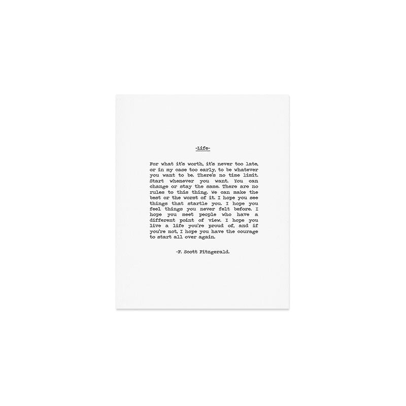 For What It's Worth, It's Never Too Late, F. Scott Fitzgerald quote, Inspiring, Great Gatsby, Life Art Print Gallery Image 1