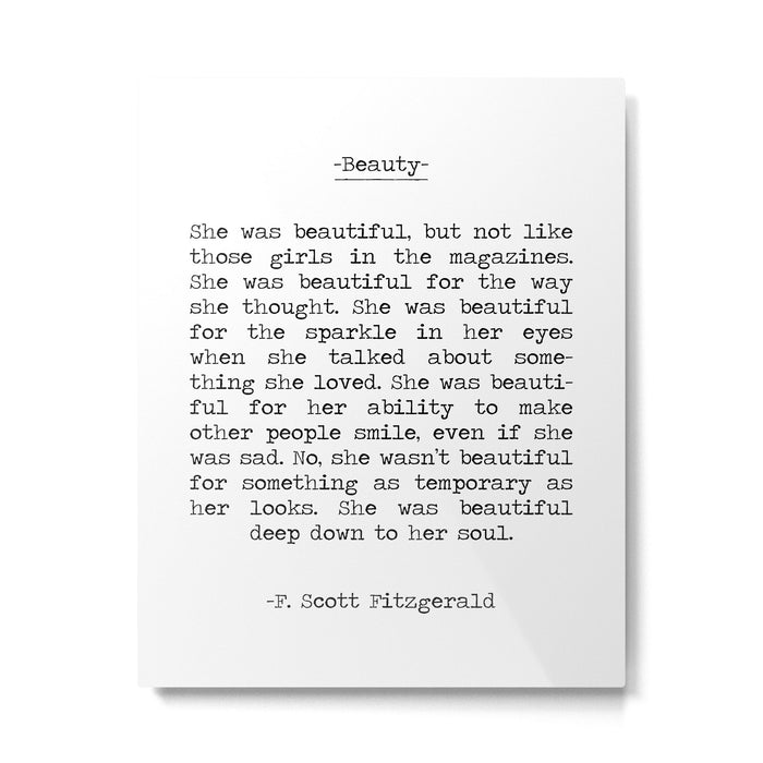 She was beautiful F. Scott Fizgerald typographical quote art print Metal Print Gallery Image 1