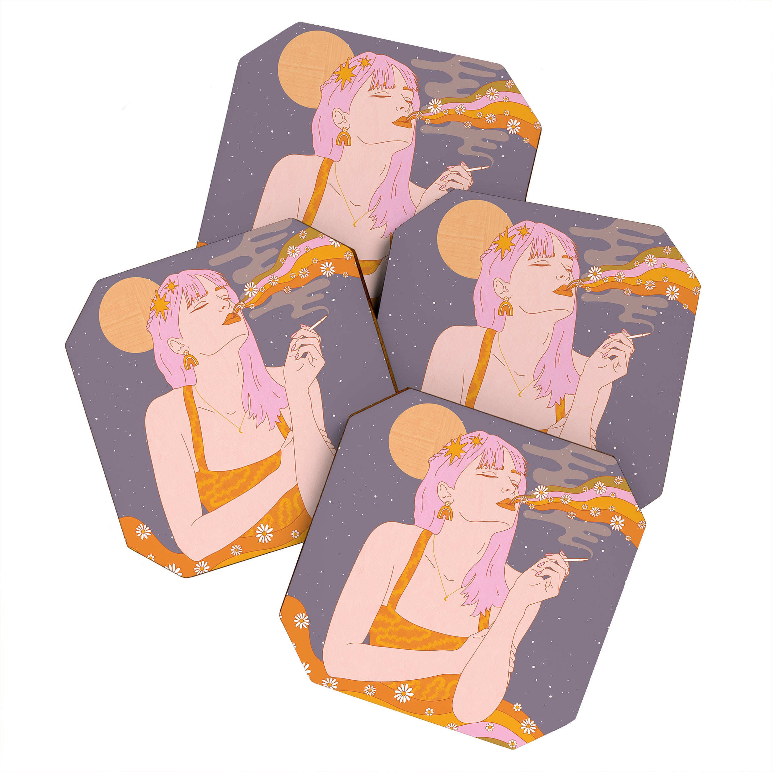 Woman Smoking Daisy Flowers Coaster Gallery Image 1