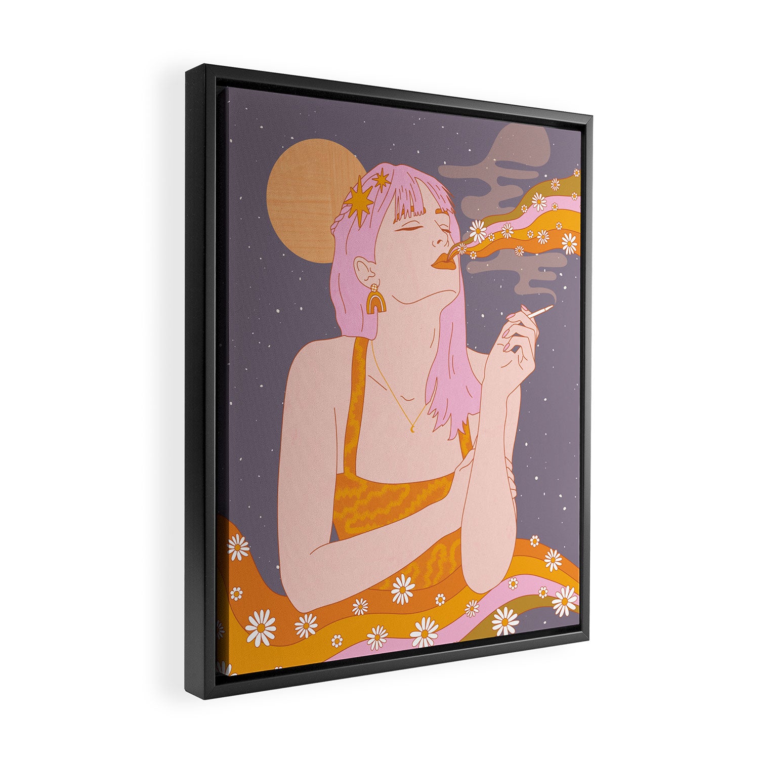 Woman Smoking Daisy Flowers Framed Canvas Print Gallery Image 2