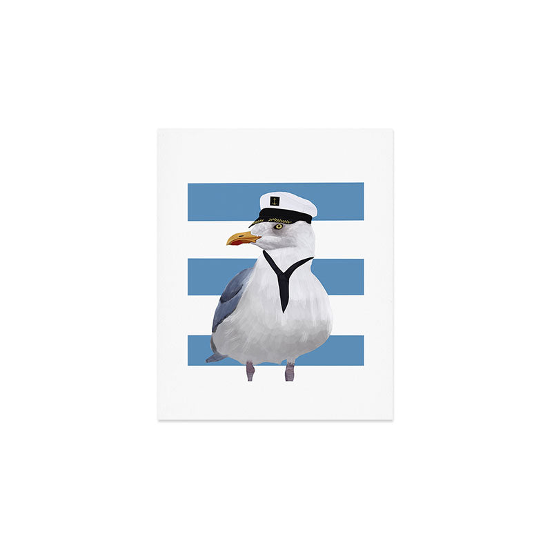 Captain Seagull on blue stripes Art Print Gallery Image 1