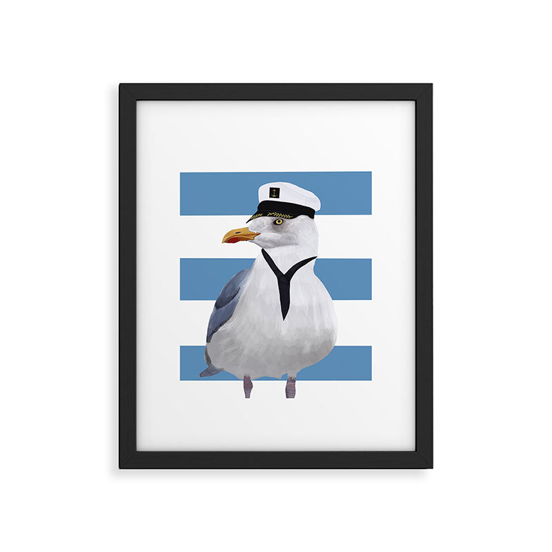 Captain Seagull on blue stripes Framed Art Print Gallery Image 6