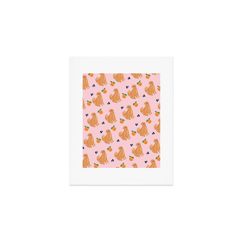 Golden Retriever and Fruits Pink Art Print Gallery Image 1