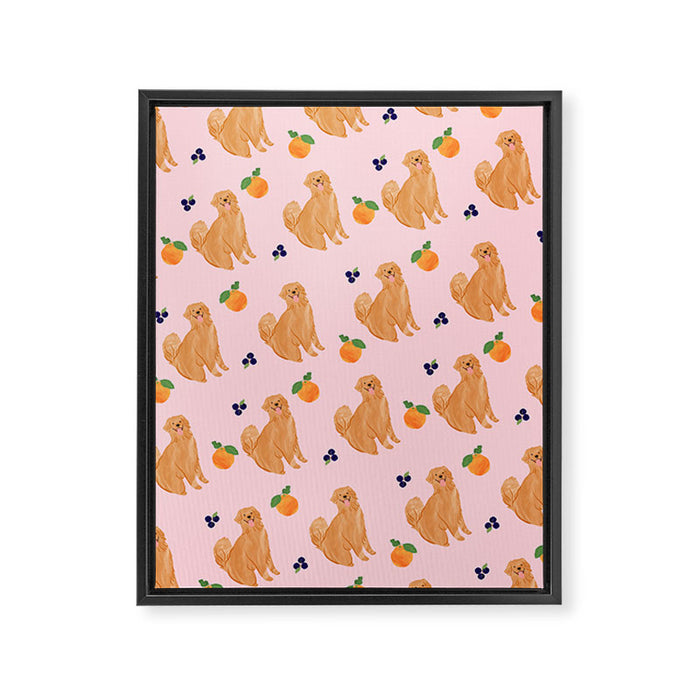 Golden Retriever and Fruits Pink Framed Canvas Print Gallery Image 1