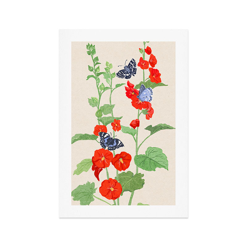 Hollyhock and Butterflies Art Print Gallery Image 1