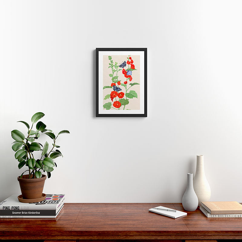 Hollyhock and Butterflies Framed Art Print Gallery Image 2