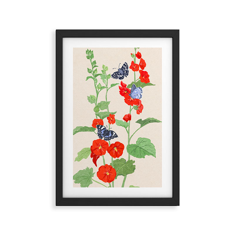 Hollyhock and Butterflies Framed Art Print Gallery Image 2