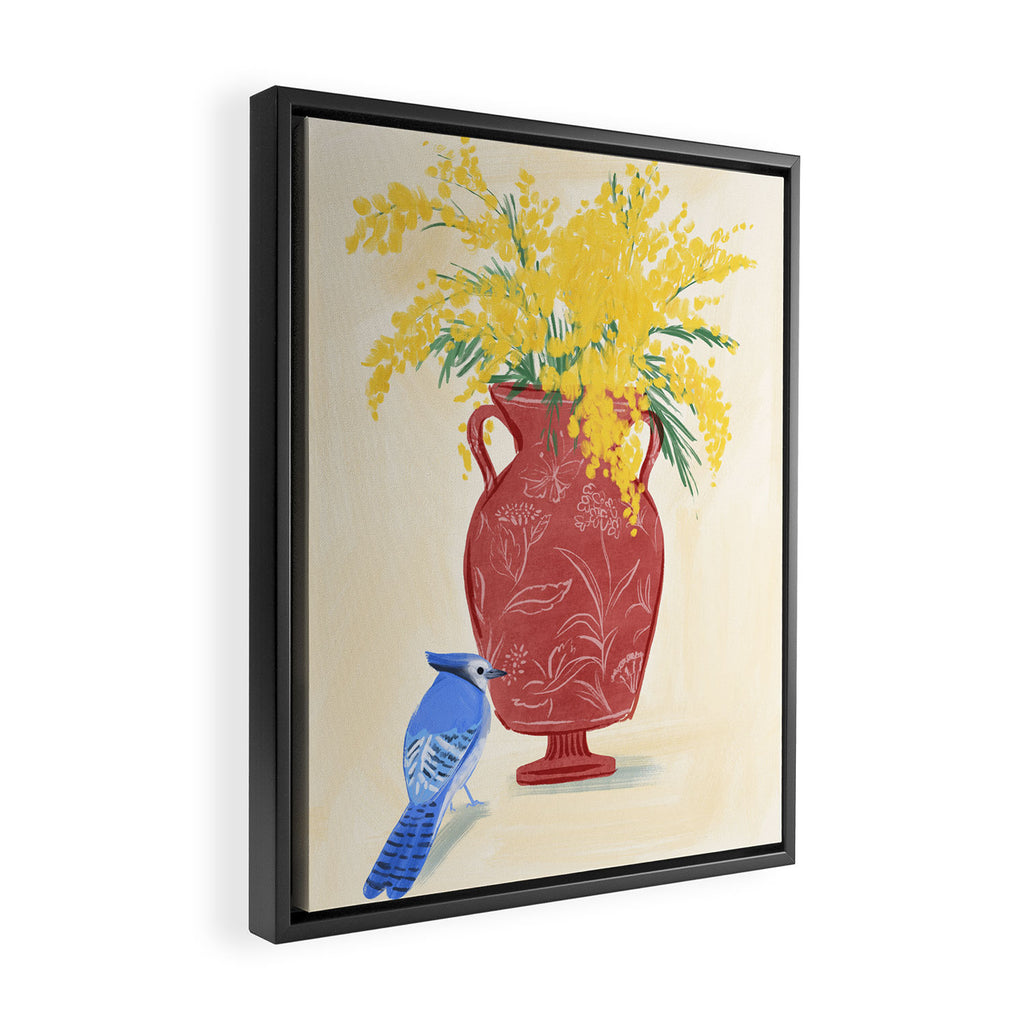 Mimosa and Blue Jay Framed Canvas Print Gallery Image 2