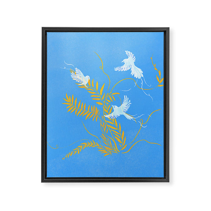 Willow Plants and Birds (blue) Framed Canvas Print Gallery Image 1