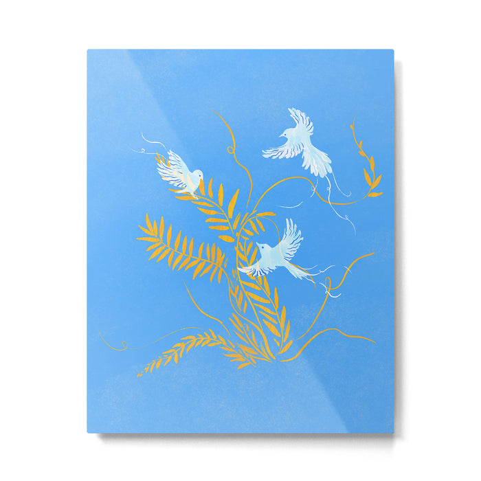 Willow Plants and Birds (blue) Metal Print Gallery Image 1