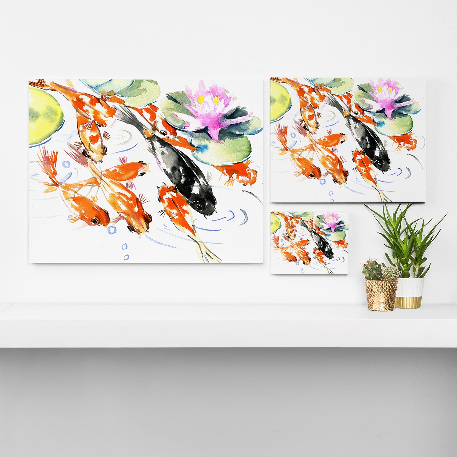 Nine Koi Fish, 9 KOI, feng shui artwork asian watercolor ink painting Canvas Print Gallery Image 3