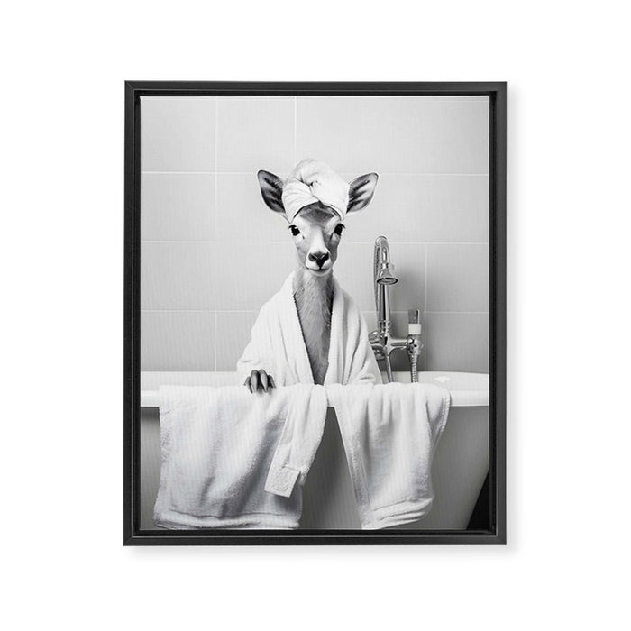 Deer In Bathrobe Framed Canvas Print Gallery Image 1