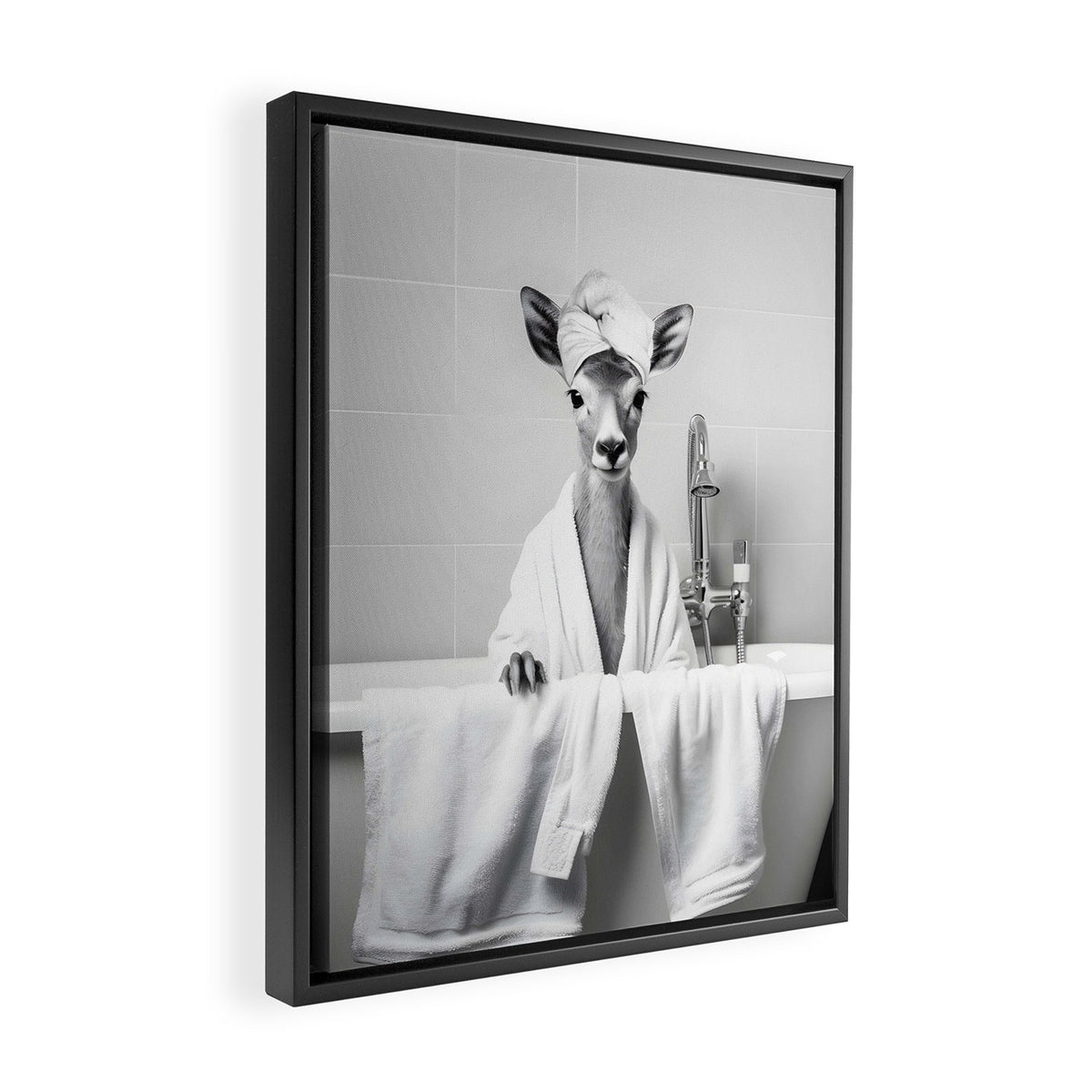 Deer In Bathrobe Framed Canvas Print Gallery Image 2