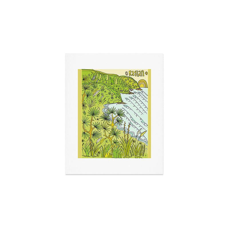 beach lookout of paradise in raglan new zealand // retro surf art by surfy birdy Art Print Gallery Image 1