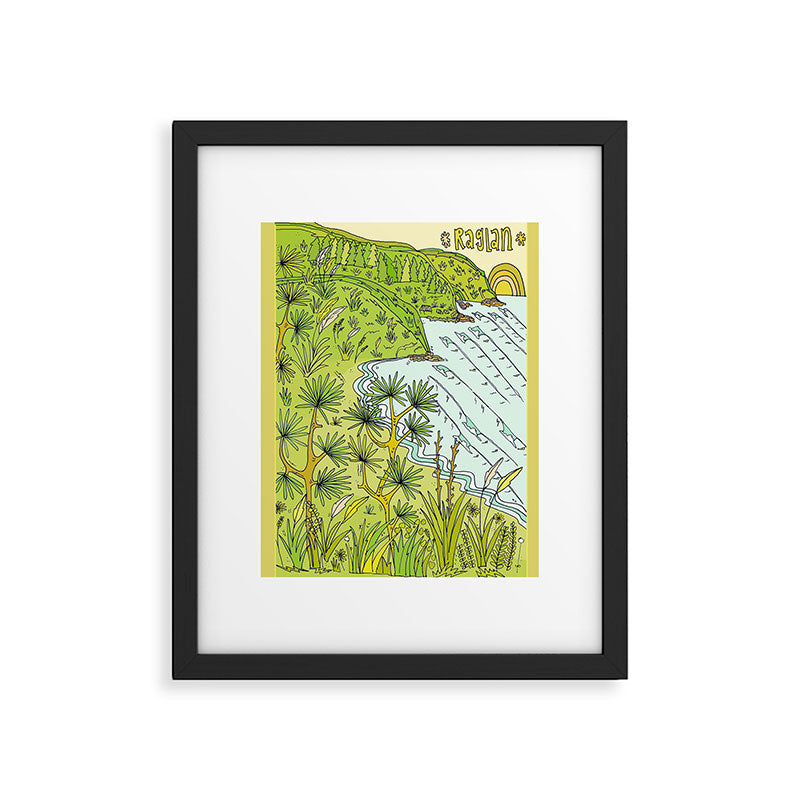 beach lookout of paradise in raglan new zealand // retro surf art by surfy birdy Framed Art Print Gallery Image 5