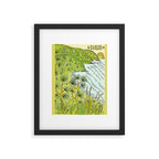 beach lookout of paradise in raglan new zealand // retro surf art by surfy birdy Framed Art Print Gallery Image 5