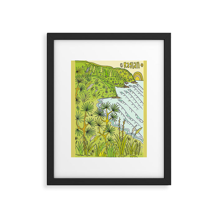 beach lookout of paradise in raglan new zealand // retro surf art by surfy birdy Framed Art Print Gallery Image 1