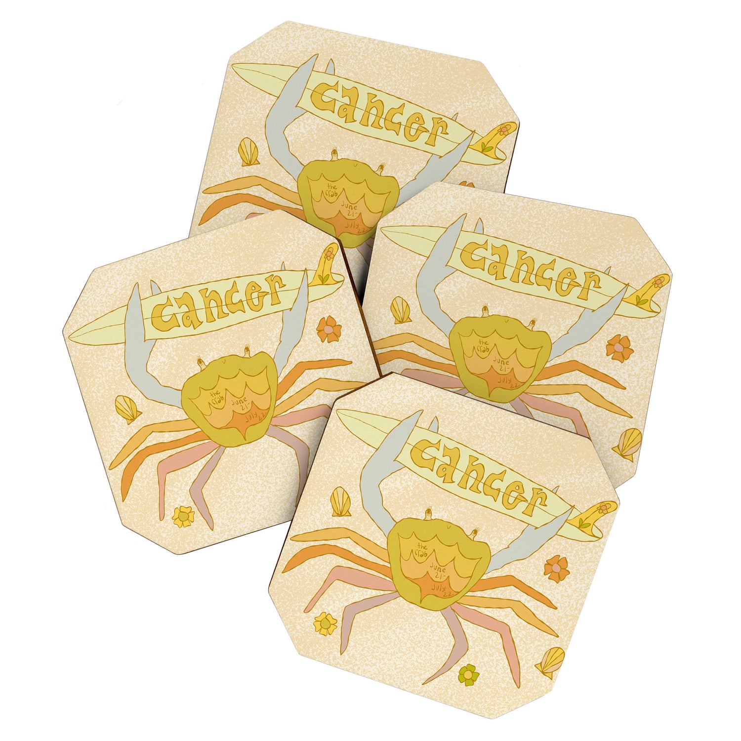 Cancer the surfy crab zodiac retro surf art by surfy birdy Coaster Gallery Image 1
