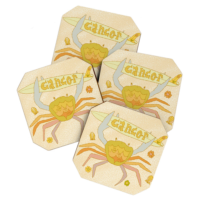 Cancer the surfy crab zodiac retro surf art by surfy birdy Coaster Gallery Image 1