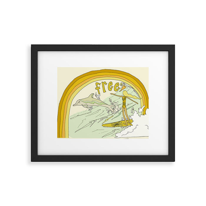 follow the dolphins you will feel free // retro surf art by surfy birdy Framed Art Print Gallery Image 1