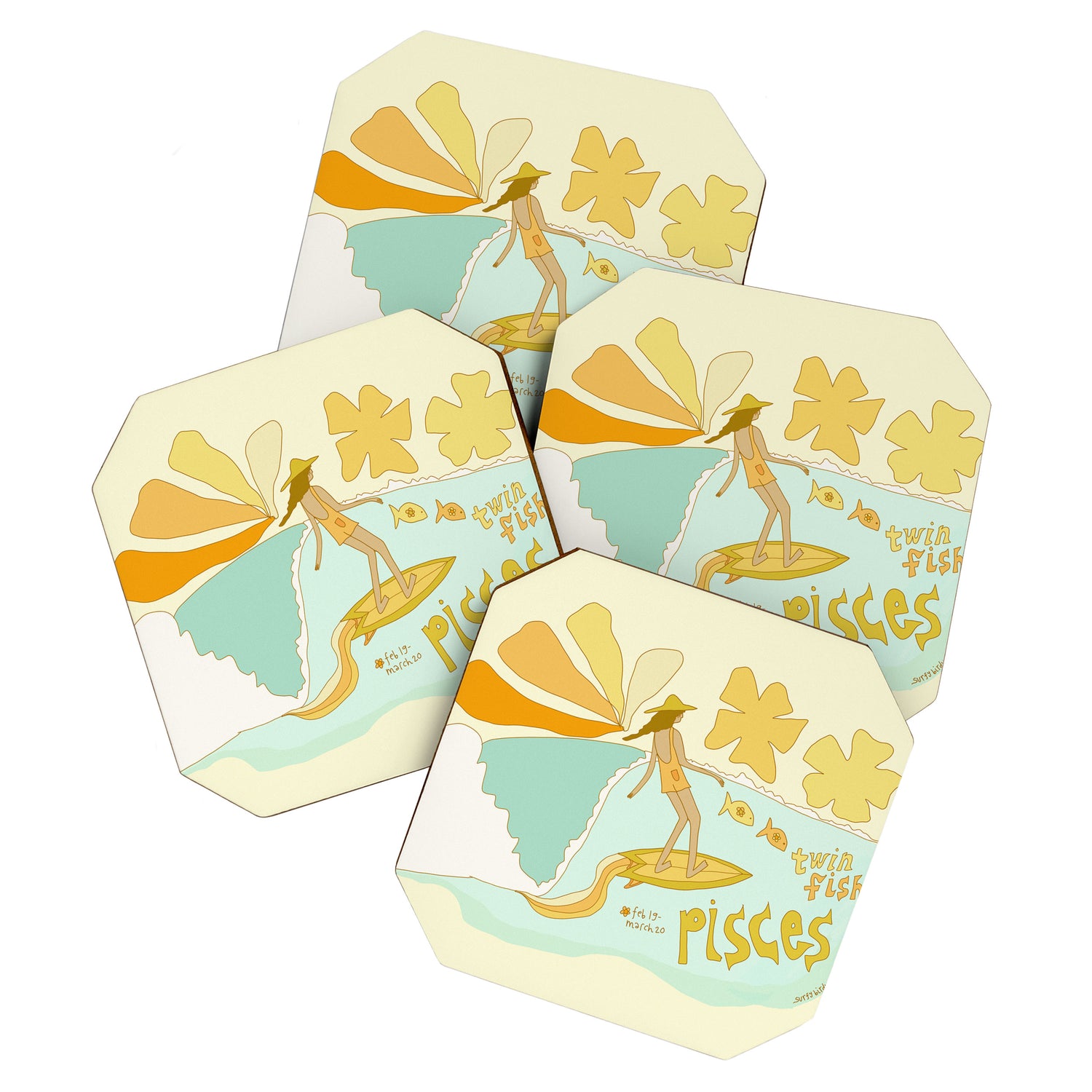Pisces surf zodiac // retro art by surfy birdy Coaster Gallery Image 1