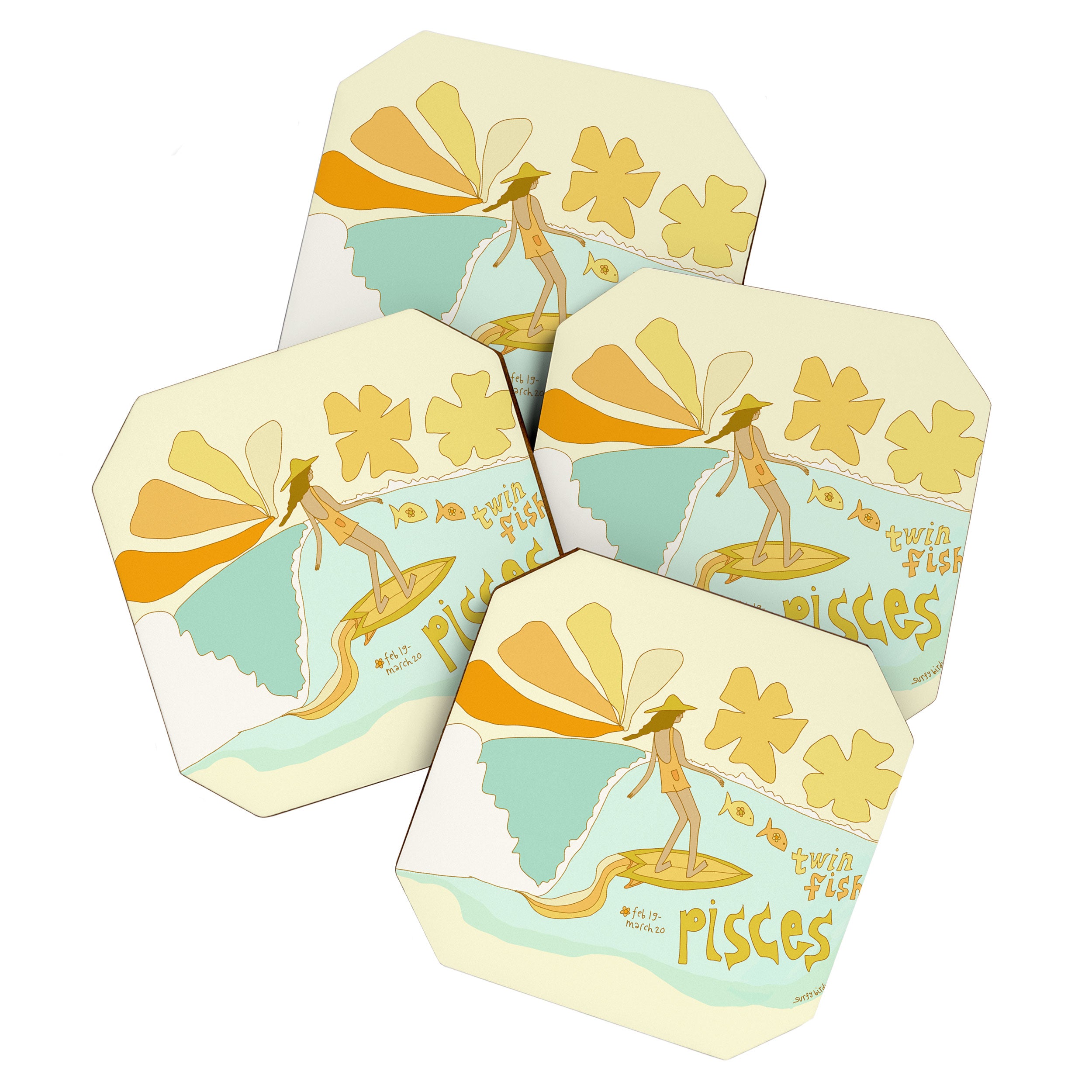 Pisces surf zodiac // retro art by surfy birdy Coaster Gallery Image 1
