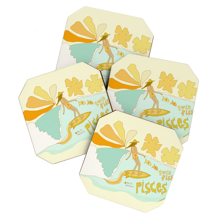 Pisces surf zodiac // retro art by surfy birdy Coaster Gallery Image 1