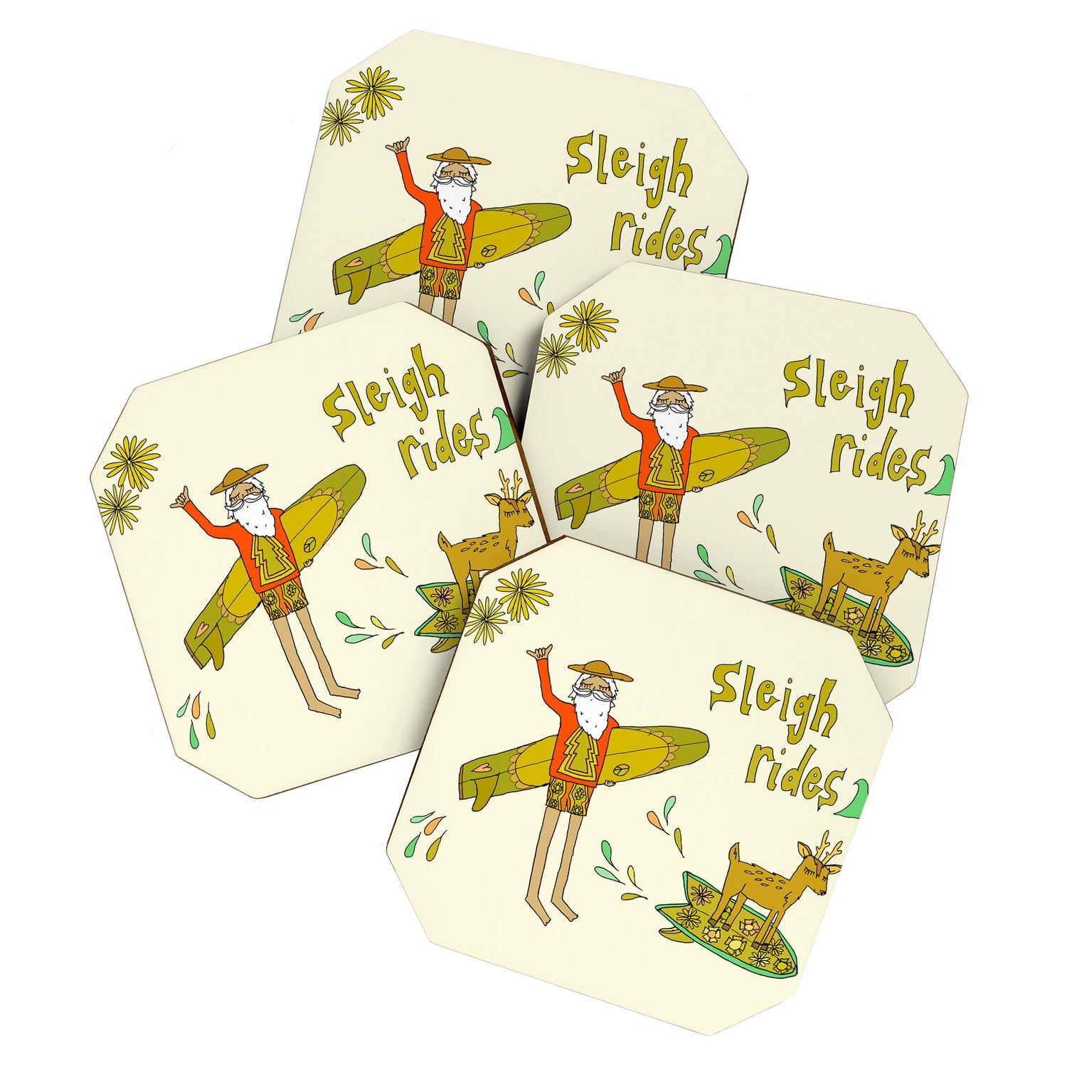 sleigh rides // surfing santa // retro surf art by surfy birdy Coaster Gallery Image 1