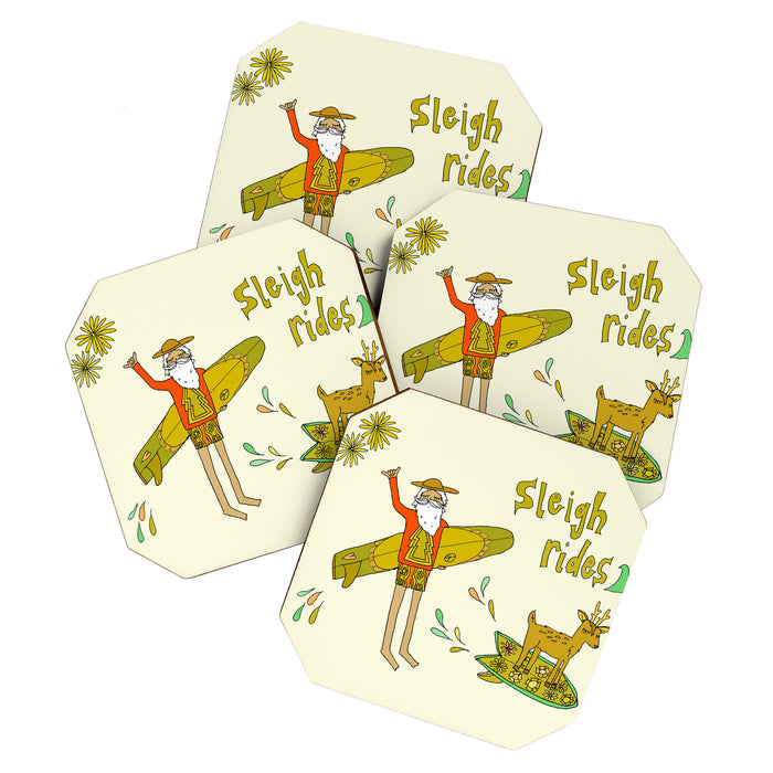 sleigh rides // surfing santa // retro surf art by surfy birdy Coaster Gallery Image 1