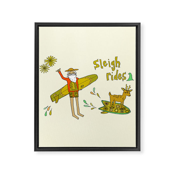 sleigh rides // surfing santa // retro surf art by surfy birdy Framed Canvas Print Gallery Image 1