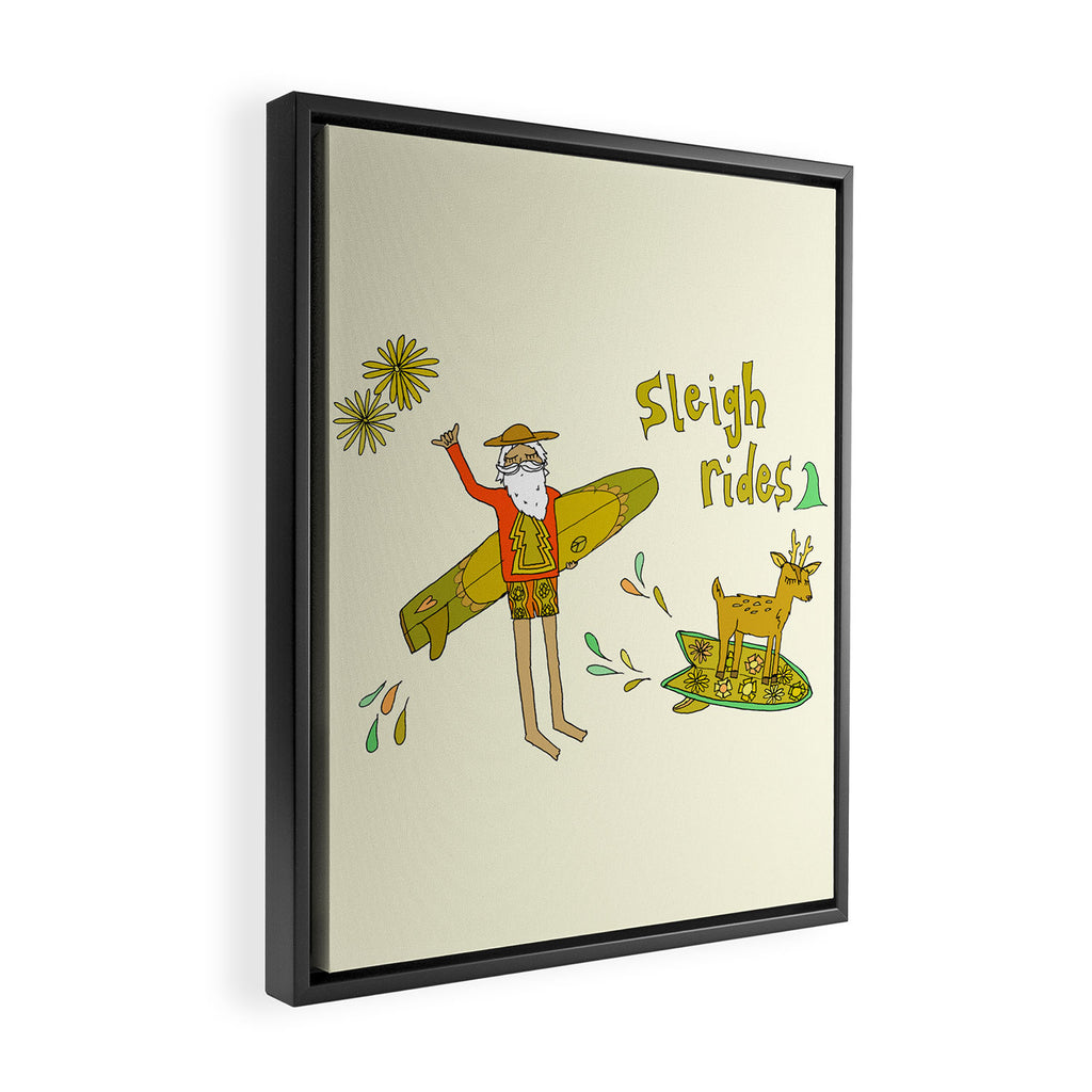 sleigh rides // surfing santa // retro surf art by surfy birdy Framed Canvas Print Gallery Image 2