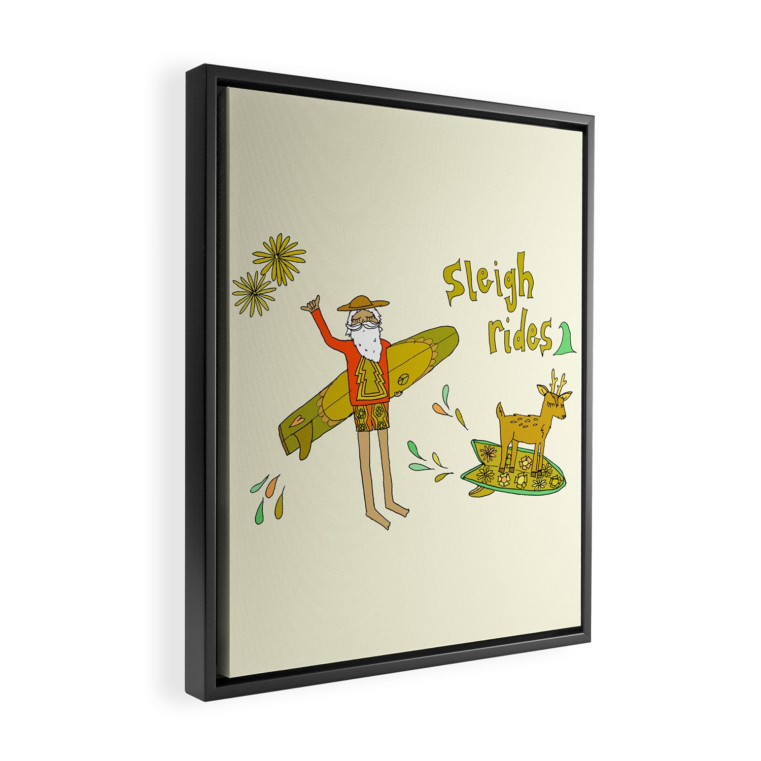 sleigh rides // surfing santa // retro surf art by surfy birdy Framed Canvas Print Gallery Image 2