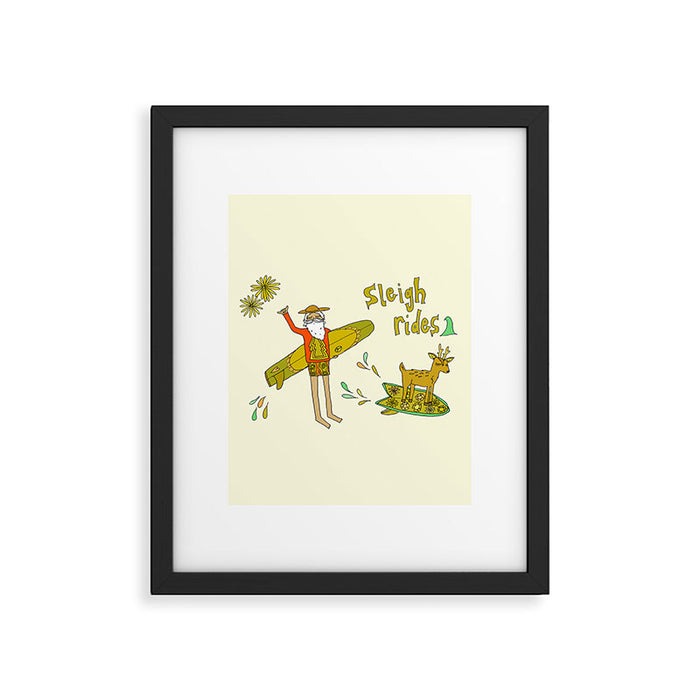 sleigh rides // surfing santa // retro surf art by surfy birdy Framed Art Print Gallery Image 1