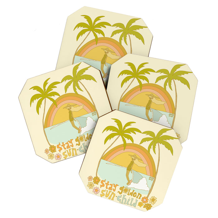 stay golden sun child lady surfer blonde / retro surf art by surfy birdy  Coaster Gallery Image 1