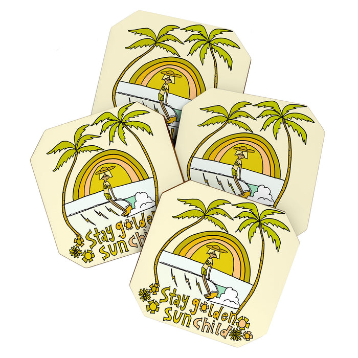 stay golden sun child surf dude //retro surf art by surfy birdy Coaster Gallery Image 1