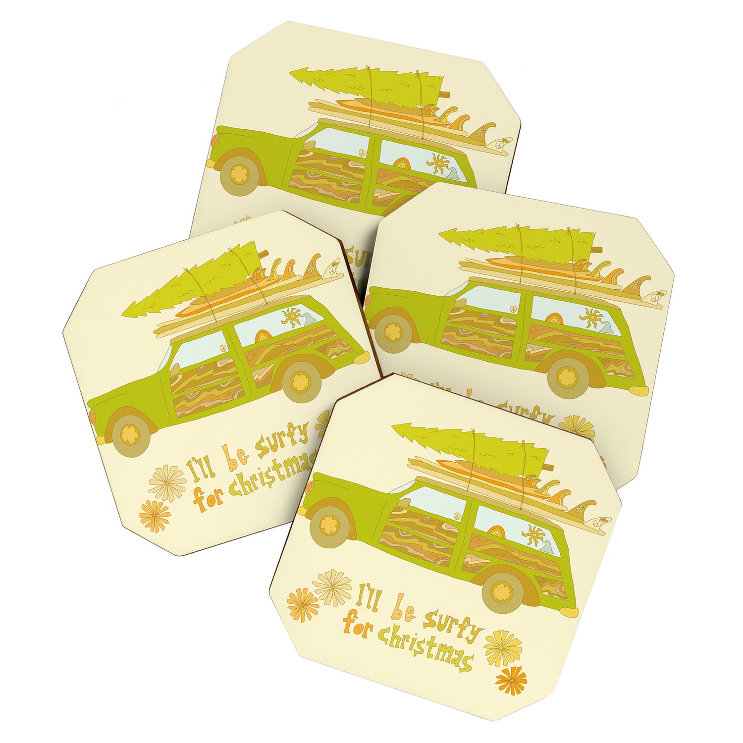 Surfy Christmas Wagon reto surf art by surfy birdy  Coaster Gallery Image 1