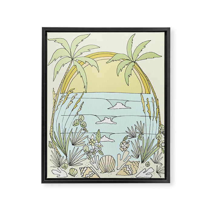 tropical vibes fl sunshine seashells waves // retro surf art by surfy birdy Framed Canvas Print Gallery Image 1