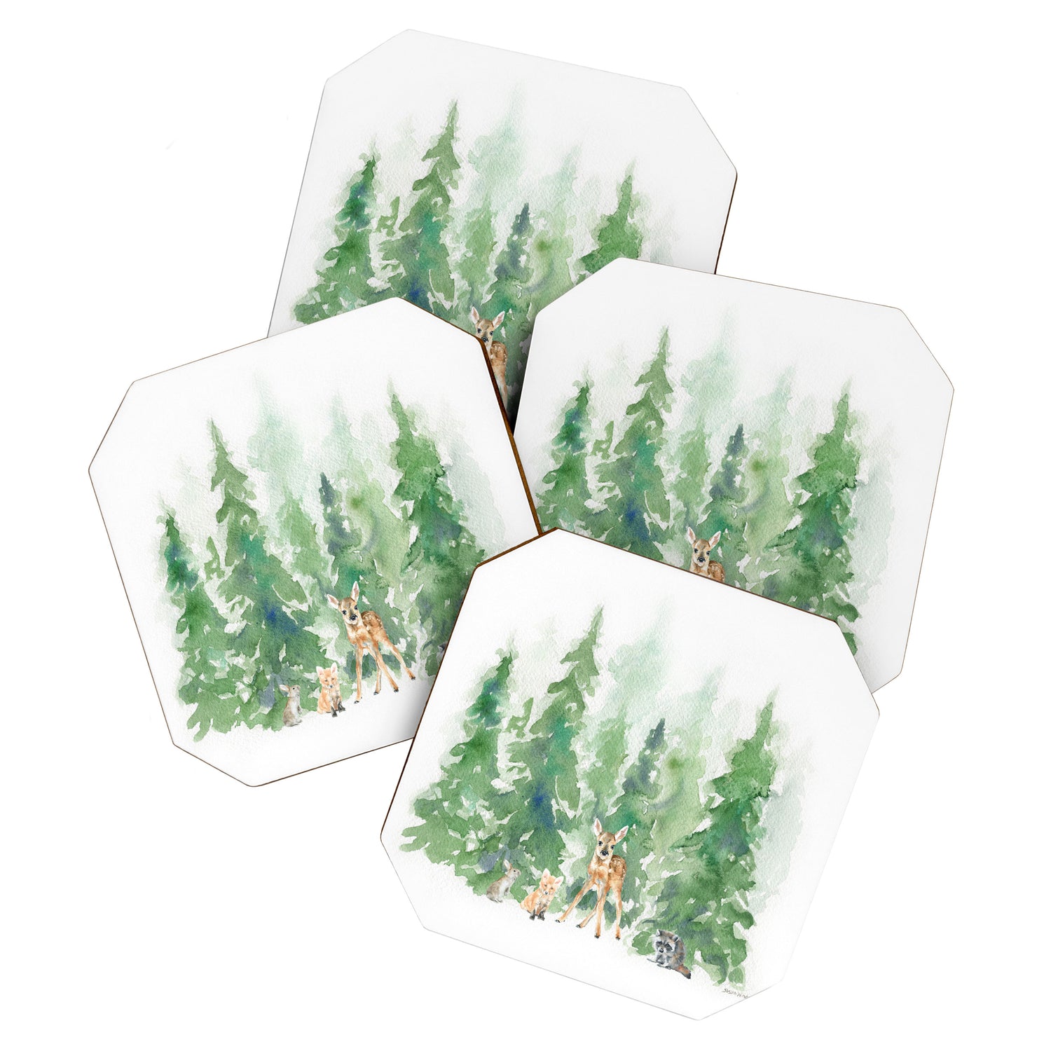 Pine Trees and Woodland Animals Watercolor Coaster Gallery Image 1