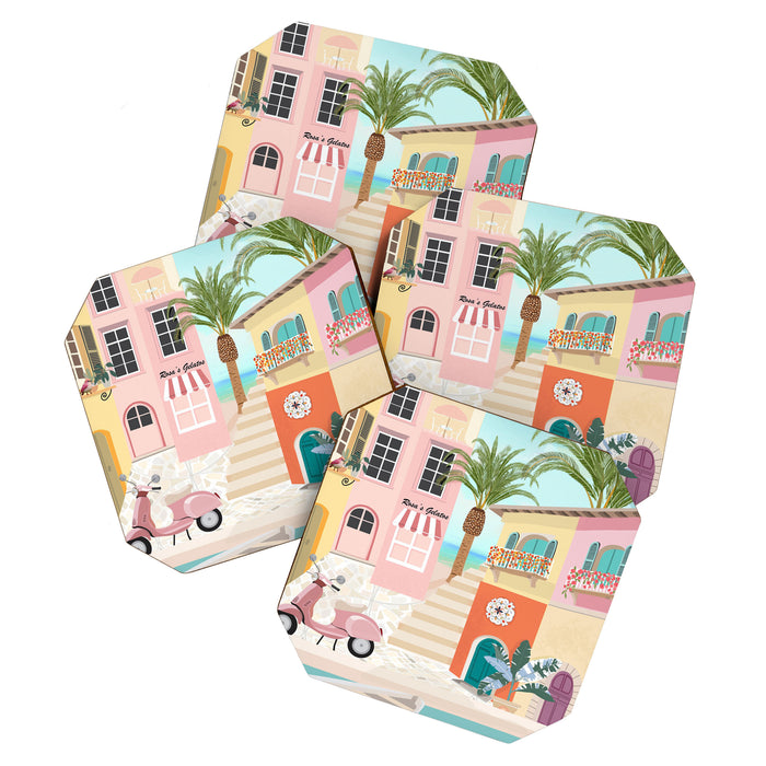 Retro Meditarranean coloful houses seascape Coaster Gallery Image 1