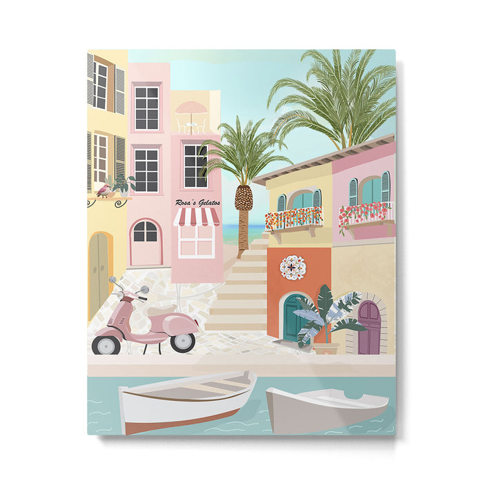 Retro Meditarranean coloful houses seascape Metal Print Gallery Image 1